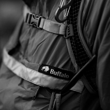 Close-up of a backpack with a visible buffalo systems logo on a blurred background