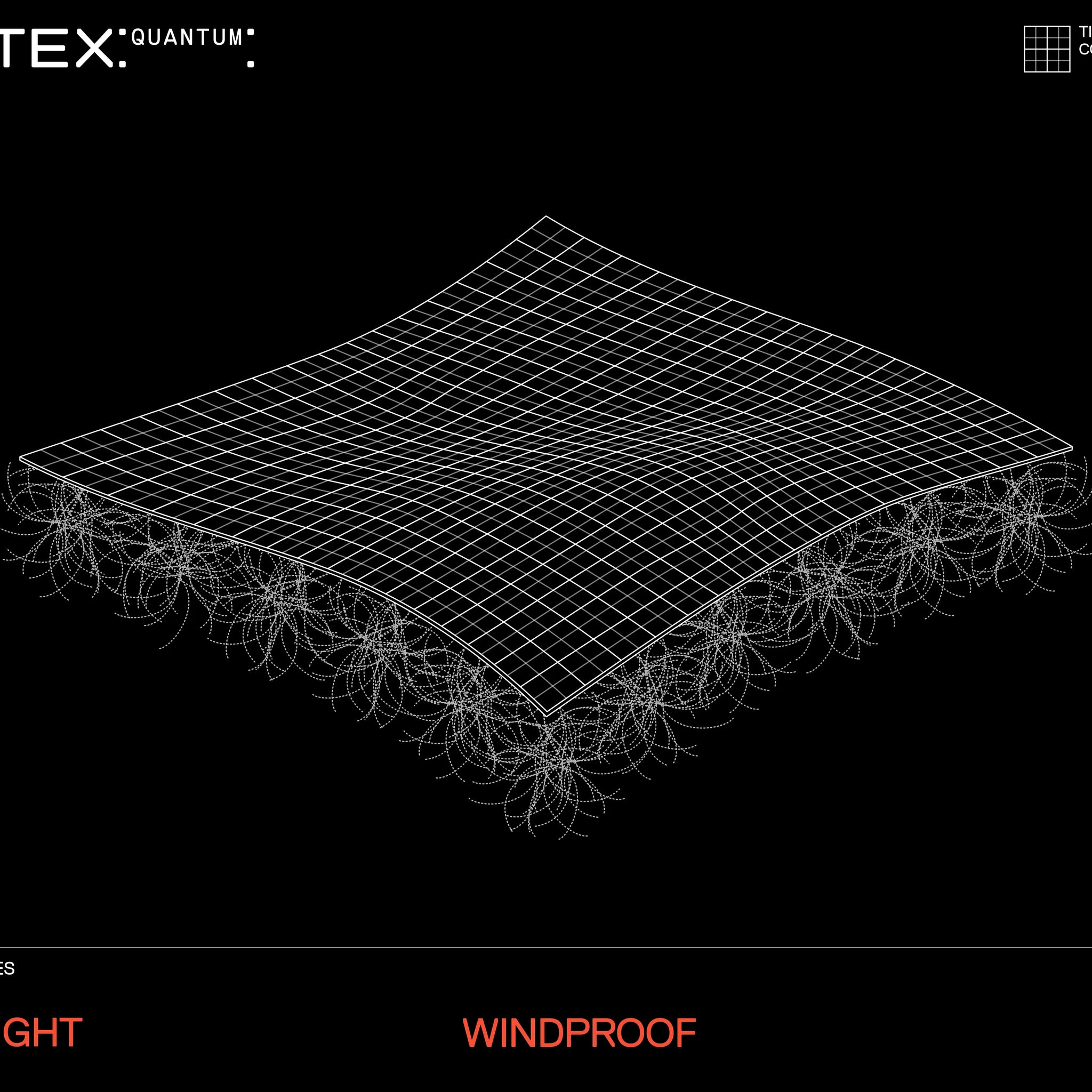 Technical diagram of a fabric structure with 'Pertex Quantum' branding on a black background.