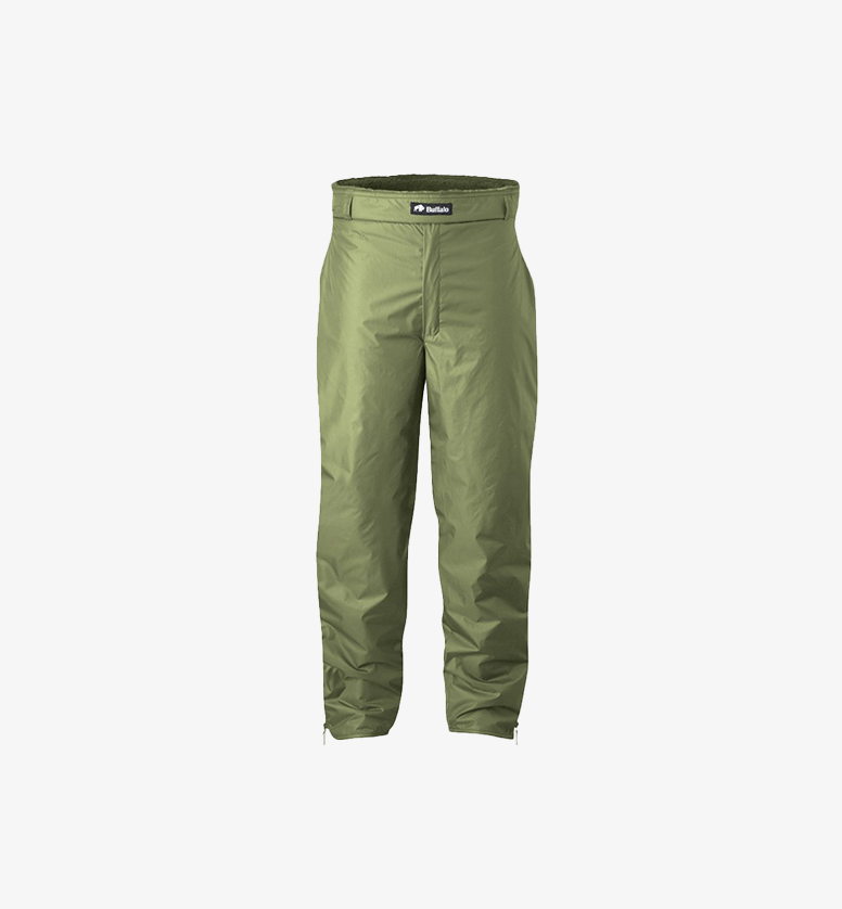 Green pants with a buffalo systems logo on a white background