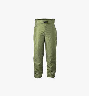 Green pants with a buffalo systems logo on a white background