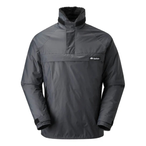 Dark gray rain jacket with a buffalo systems logo on a white background